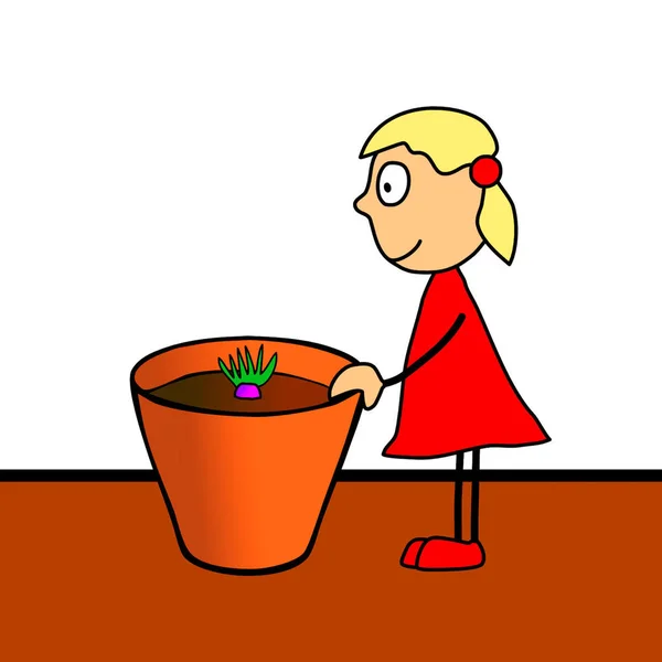 Hand Cartoon Drawing Adorable Little Girl Cultivating Flower — Stock Photo, Image
