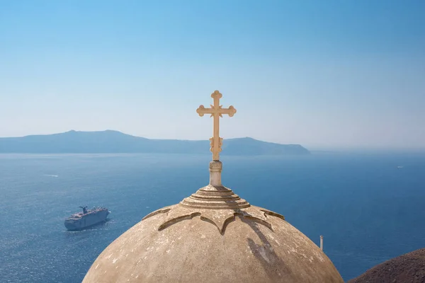 Passing Cruise Boat Aegean Sea Beautiful Ornamented Orthodox Cross Dome — Stock Photo, Image