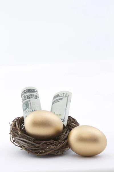 金の巣の卵で置かれたアメリカの通貨 白い背景の上にコピースペースを持つ垂直方向の画像 — ストック写真