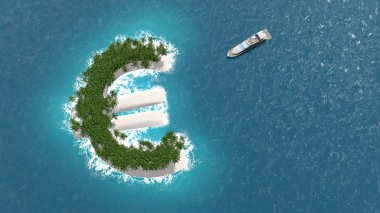 Tax haven, financial or wealth evasion on a euro shaped island. A luxury boat is sailing to the island. clipart