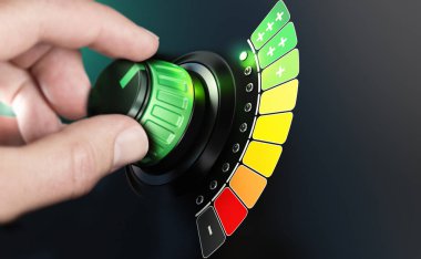 Hand turning a knob with efficiency scale from black and red to green color. Composite image between a hand photography and a 3D background. clipart