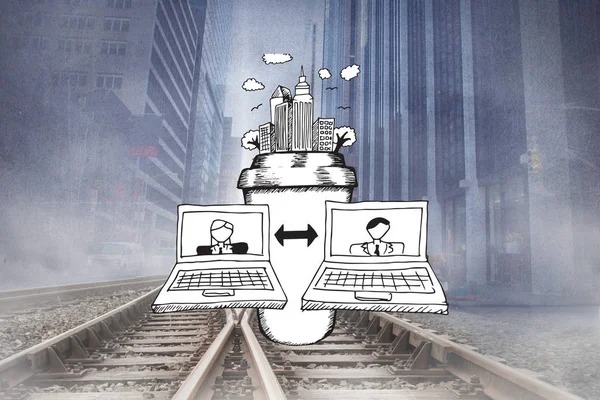 视频聊天涂鸦对城市景观投影在铁轨上 — 图库照片