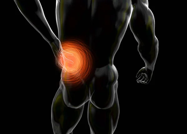 男性躯干由玻璃或泡泡制成 背部疼痛孤立在黑色背景上 渲染的医学插图 — 图库照片