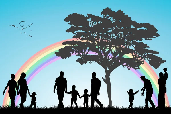 Gay Och Lesbisk Par Och Familj Med Barn Över Rainboww — Stockfoto