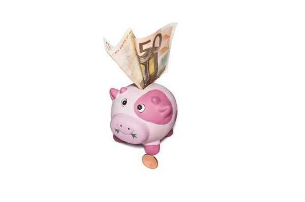 Смешной Розовый Копилка Копилка Банка Одной Монетой Евро Пятьдесят Евро — стоковое фото