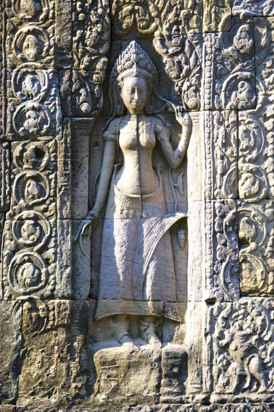Imagem Antigo Baixo Relevo Património Mundial Unesco Banteay Kdei Localizado — Fotografia de Stock