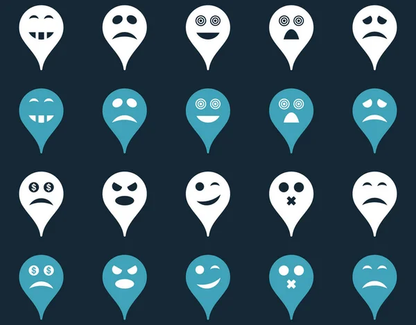 Emotion map marker icons. Glyph set style is bicolor flat images, blue and white symbols, isolated on a dark blue background.