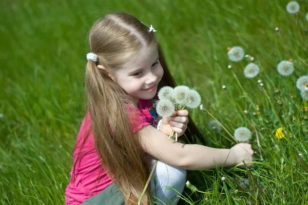 Petite Fille Souriante Sur Une Prairie Verte Avec Bouquet Pissenlits — Photo