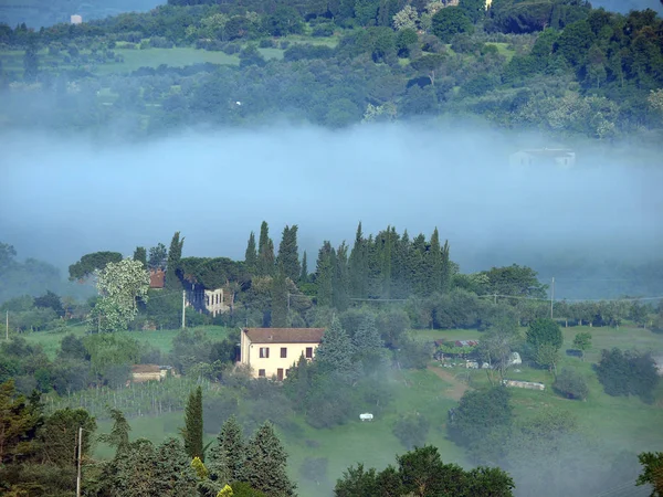 Fabulosa Paisagem Manhã Nebulosa Toscana Vale Entre Montepulciano Chiusi — Fotografia de Stock