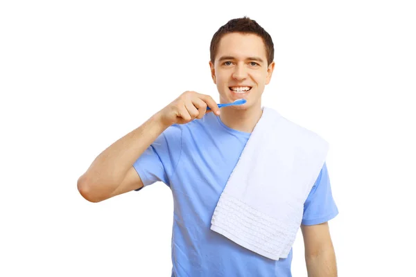 Jovem Camisa Azul Escovando Dentes — Fotografia de Stock