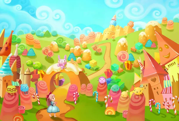 Illustratie Welkom Het Candy Land Kleine Prinses Verloor Bos Ontmoet — Stockfoto