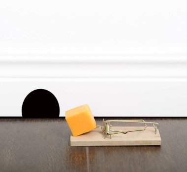 Mousetrap set with cheddar cheese on a floor, next to a mouse hole. clipart