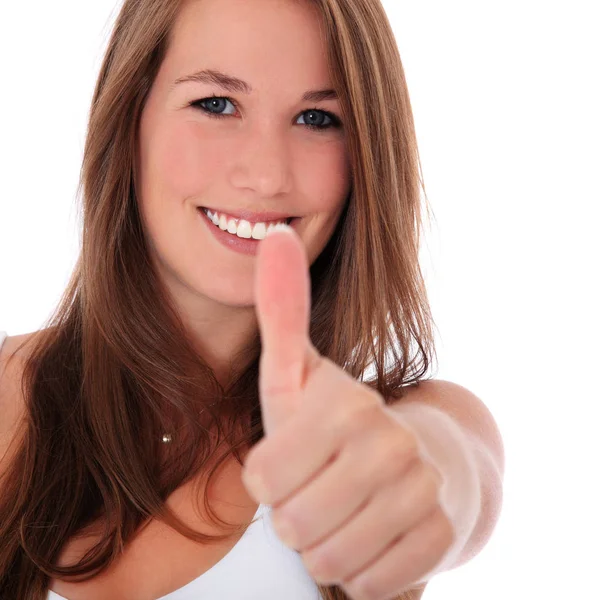 Attractive Young Woman Showing Thumbs All White Background — Stock Photo, Image