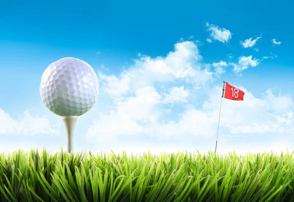 Golf ball with tee in the grass against blue sky