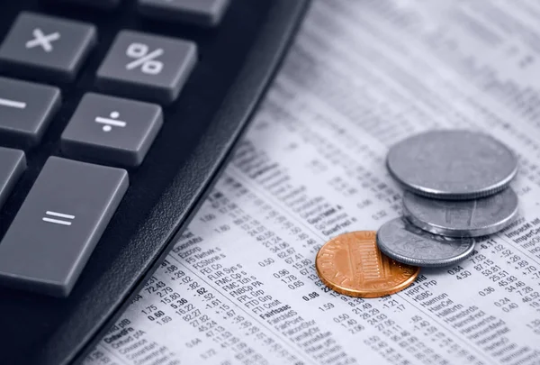 Calculator Coins Stock Quote Background Shallow Depth Field Focus Colored — Stock Photo, Image