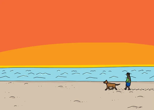 Cartoon Scene Man Walking Dog Beach Sunset — Stock Photo, Image