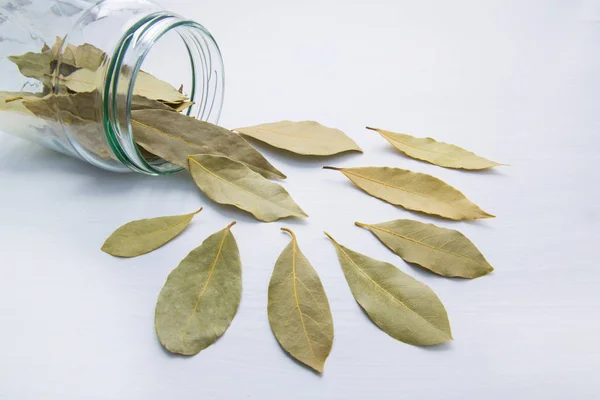 Dried Bay Leaves Glass Jar White Wooden Background — Stock Photo, Image