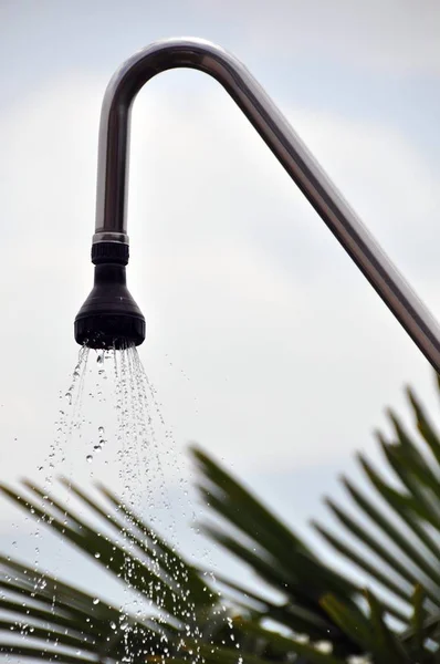 Chuveiro Com Água Derramando Frente Céu Folhas Palma — Fotografia de Stock