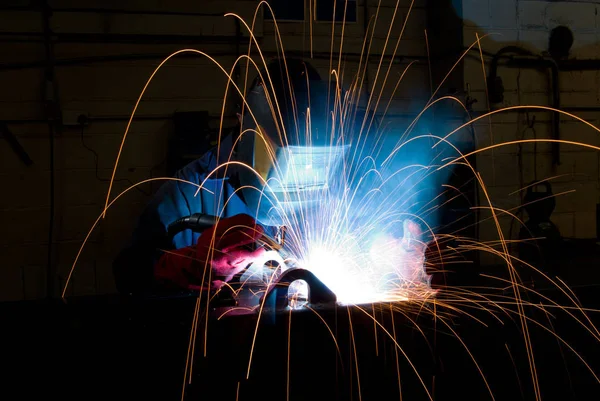 Arc Welding Manufacturing Plant Flying Sparks — Stock Photo, Image