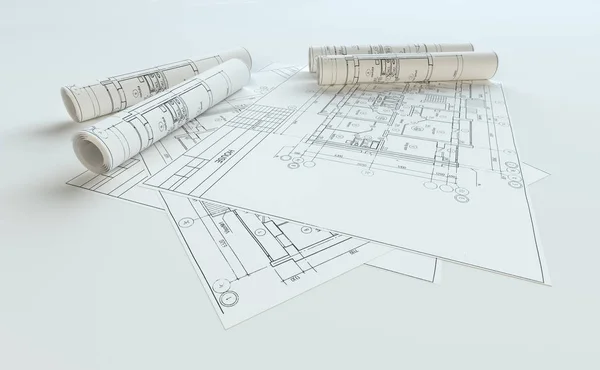 Rolled House Blueprints Gray Background Illustration — Photo