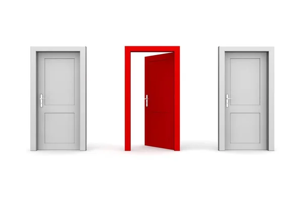 Линия Трех Дверей Две Серые Одна Красная Дверь Дверной Дверной — стоковое фото