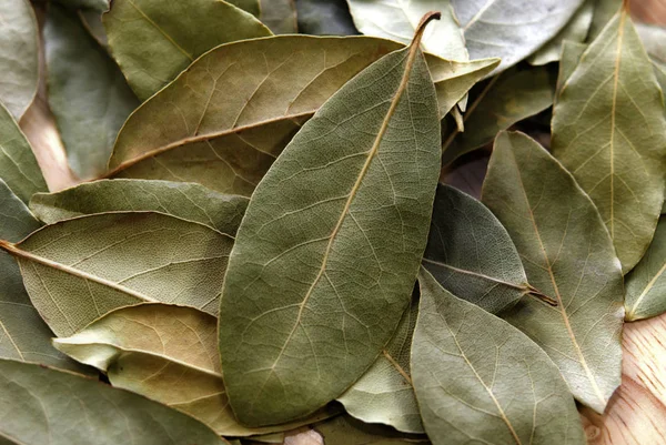 Close Dry Bay Leaves Wooden Background — Stock Photo, Image