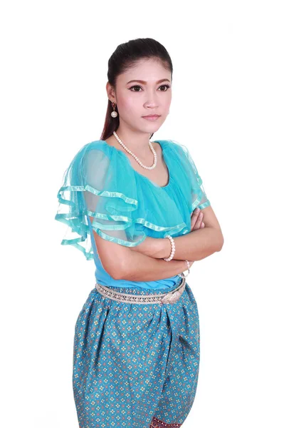 Mujer Vistiendo Vestido Tailandés Típico Aislado Sobre Fondo Blanco Cultura — Foto de Stock