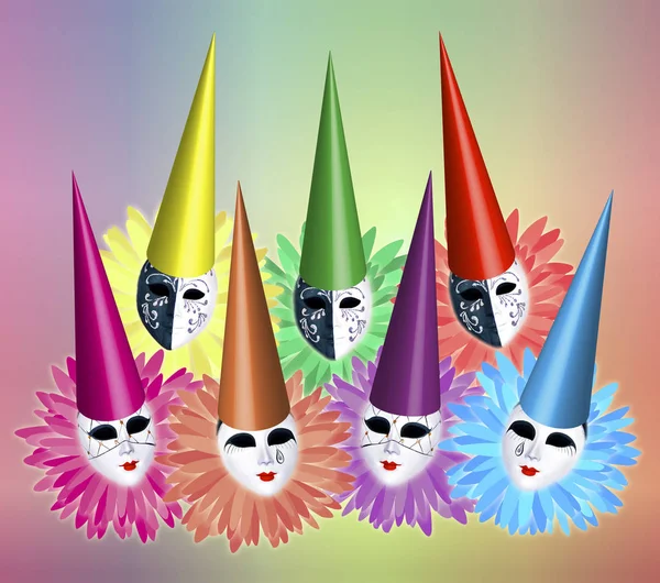 Group Seven Carnival Masks Caps Collars Colourful Background — Stock Photo, Image