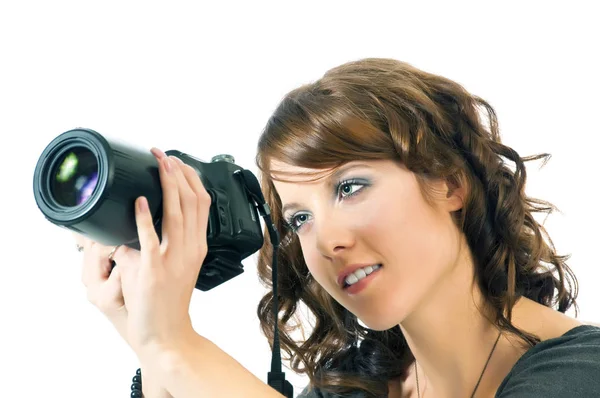 Beautiful Young Woman Checking Lcd Screen Back Her Digital Camera — Stock Photo, Image