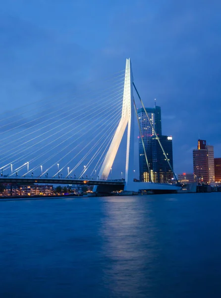 Λυκόφως Στη Γέφυρα Του Erasmus Στο Ρότερνταμ Ολλανδία — Φωτογραφία Αρχείου