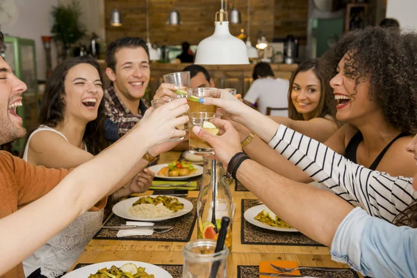 Grupo Amigos Brindando Viéndose Felices Restaurante —  Fotos de Stock