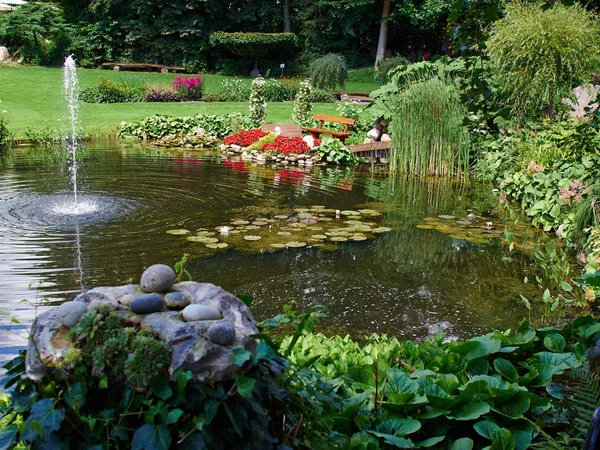 Ornamental Pond Water Fountain Beautiful Creative Lush Green Blooming Garden — Stock Photo, Image