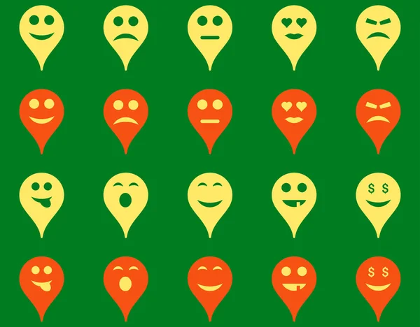 Emotion map marker icons. Glyph set style is bicolor flat images, orange and yellow symbols, isolated on a green background.