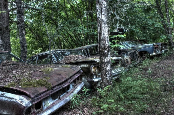 Hdr Fotó Különböző Autók Amelyeket Helyezett Egy Svéd Autó Temetőben — Stock Fotó