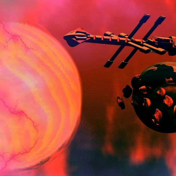 Ein Raumschiff Der Nähe Von Asteroiden Und Einer Sonne — Stockfoto