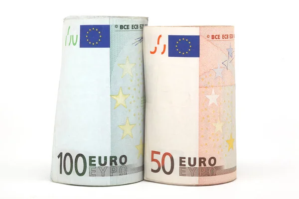 Closeup Rullade Eurosedlar 5000 Isolerade Vitt — Stockfoto