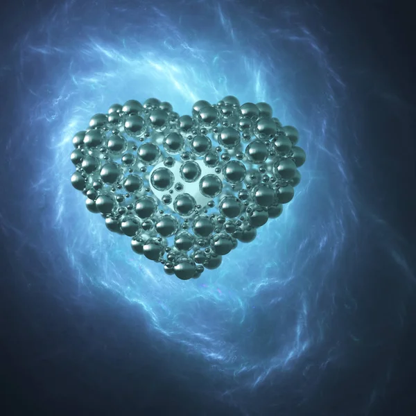 Zlaté Kovové Srdce Vyrobené Koulí Odrazem Izolovanými Modrém Vesmírním Prostoru — Stock fotografie