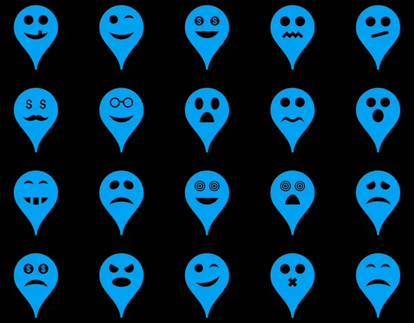 Emotion map marker icons. Glyph set style is flat images, blue symbols, isolated on a black background.