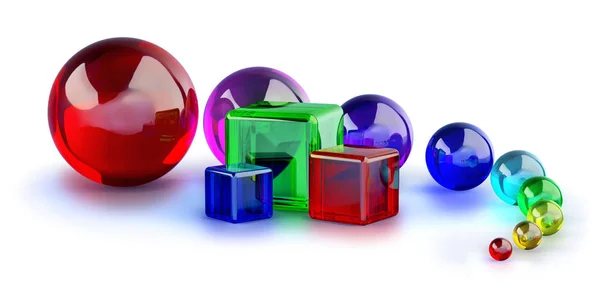 Cubos Vidro Vermelho Azul Verde Bolas Mármore Coloridas — Fotografia de Stock