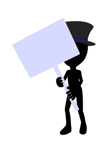 可爱的黑色剪影顶帽的家伙拿着一个空白的标志在白色背景 — 图库照片