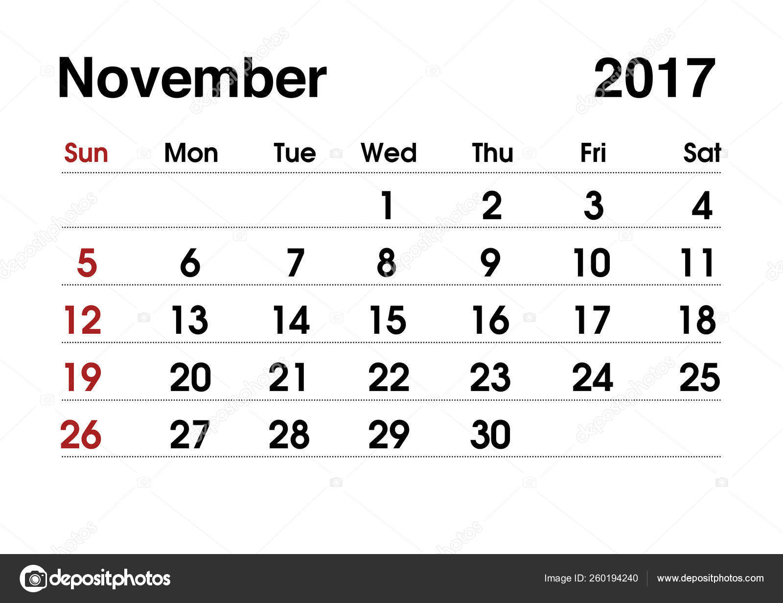 Календарь 2017 Календарь Планирования Ноябрь 2017 Стоковое Фото.
