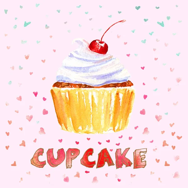 Cupcake Aquarelle Illustration Dessinée Main Avec Cupcake Sucré — Photo