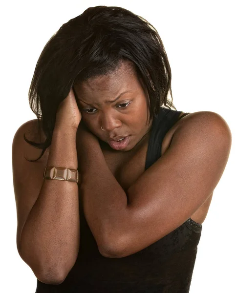 Frantic Black Woman Holding Neck Head — Stock Photo, Image
