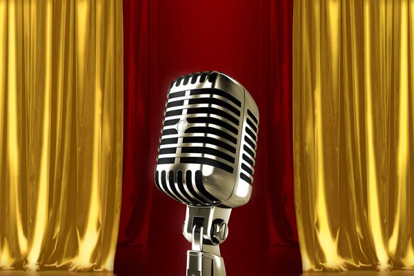 Gloeiende Microfoon Het Podium Met Rood Goud Gordijnen — Stockfoto