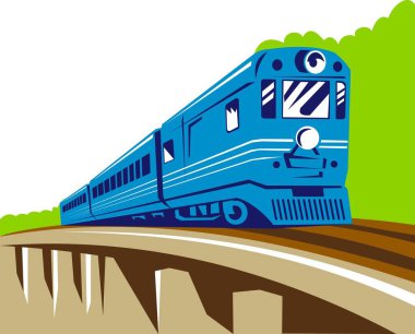 illustration of a diesel train locomotive coming up on railroad viaduct done in retro woodcut style clipart