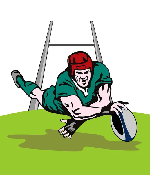 Illustration Rugby Spelare Scoring Ett Försök Isolerad Bakgrund Med Mål — Stockfoto