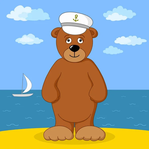 Kreslený Medvídek Kapitán Čepice Usmívající Pobřeží Moře — Stock fotografie