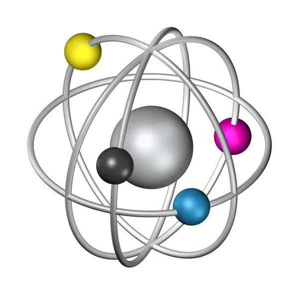 Atom Kolorami Cmyk Elektrony Orbitujące — Zdjęcie stockowe