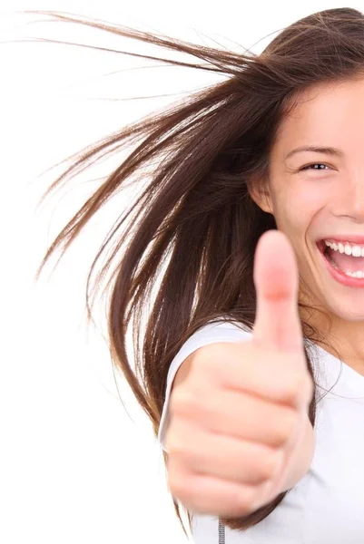 Femeie Fericită Aspect Proaspăt Degetele Sus Izolat Fundal Alb Rasă — Fotografie, imagine de stoc