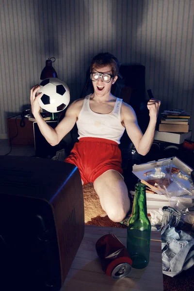 Nerd Boy Excited Goal Scored Sports Competition — Stock Photo, Image